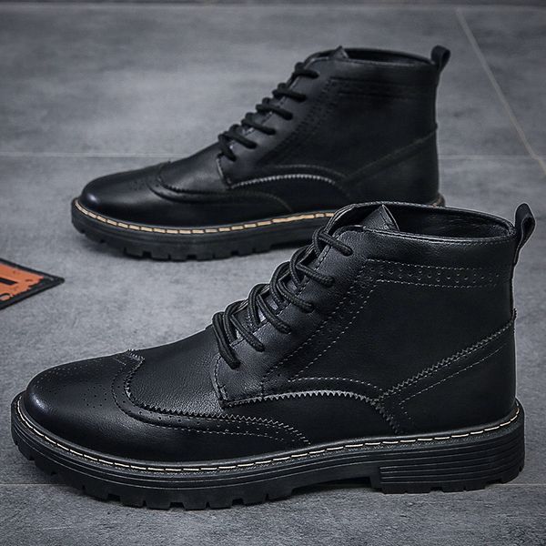 

autumn and winter new british style martin middle block leather shoes casual lace up business short boots men's, Black