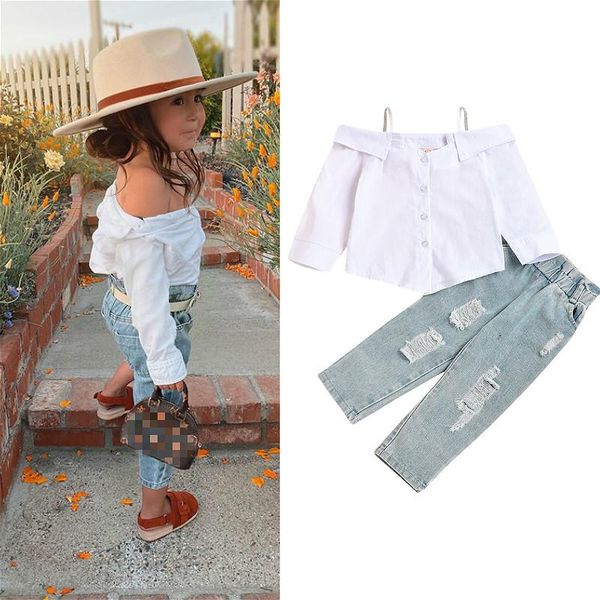 

2-7y kids baby girls clothes set 2021 summer fall children off shoulder long sleeve white shirt +ripped denim pant jeans outfits clothing se
