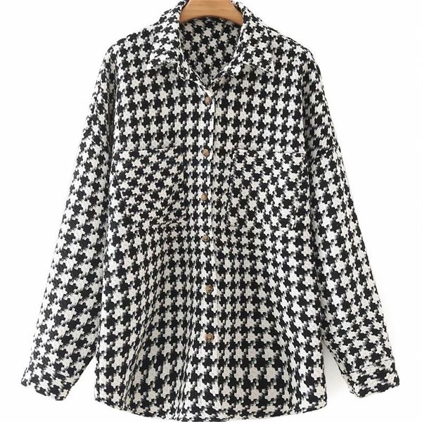

women's jackets zxqj women 2021 fashion oversized houndstooth jacket coat vintage long sleeve pockets female outerwear chic top, Black;brown