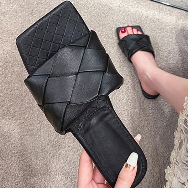 

slippers plus big size women weave square open toe flat beach slides shoes for woman summer outdoor female flip flops, Black
