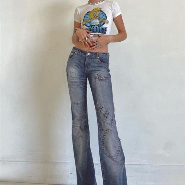 

women's jeans bold shade soft grunge fashion women patchwork high waist skinny straight denim wide leg pants female casual trousers w80, Blue