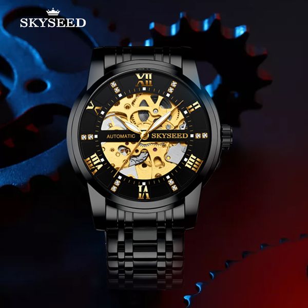 

td6005 tiandai watches hollow luminous diamond face men's business fashion waterproof 40mm automatic mechanical watch, Slivery;brown