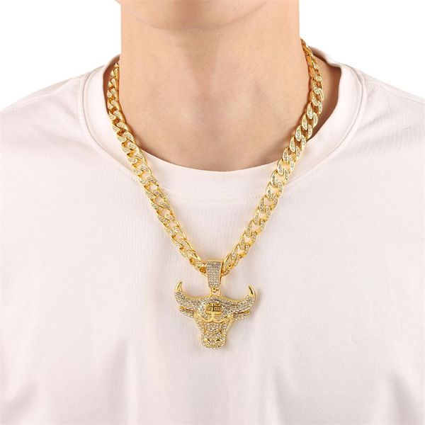 Anhänger Halsketten Mode Kuba Männer Hip Hop Voller Strass Bull Kopf Halskette Funkelnde Gold Punk Für Freund Geschenk