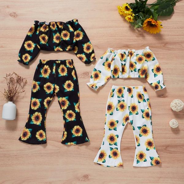 

clothing sets 1-4y fashion children kids girl 2pcs sunflower print outfit off shoulder +flared pants set kid girls clothes, White