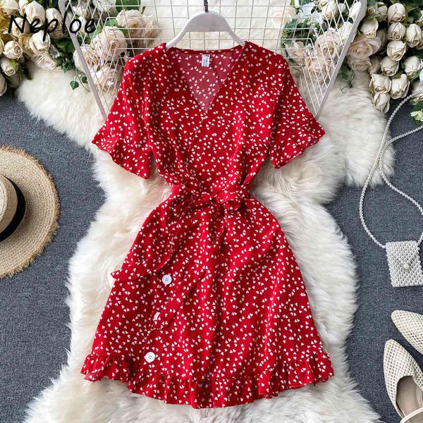 

neploe women dresses new summer sweet love print flare sleeve sashes slim wasit button fuguns female dresses 82161 210423, Black;gray