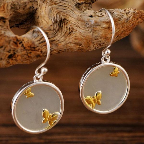 

hoop & huggie butterfly inlaid hetian jade retro versatile women's personalized earrings meibapj s925 sterling silver exquisite gift je, Golden;silver