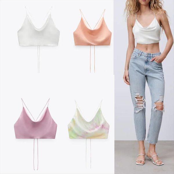 

za white satin women cami crop pink summer strap backless camisole beachwear tanks