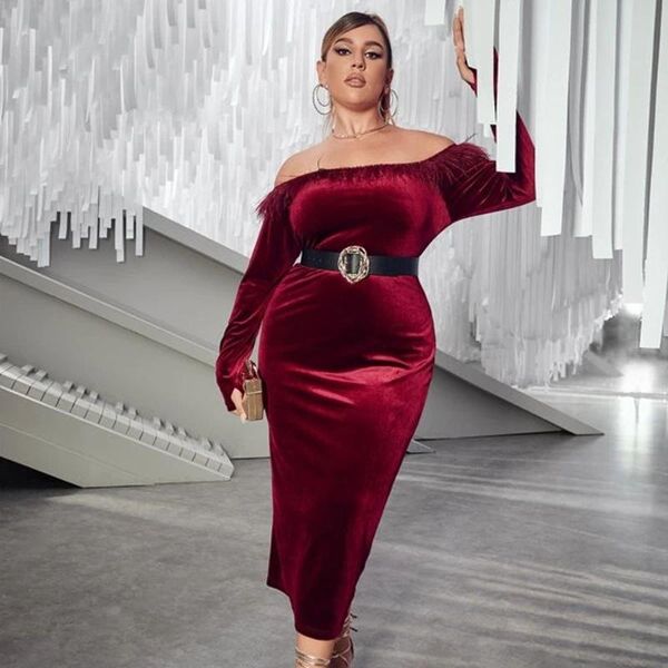 

plus size dresses elegant office women chic feather one shoulder strapless burgundy slim bodycon dress long sleeve party vestidos, Black