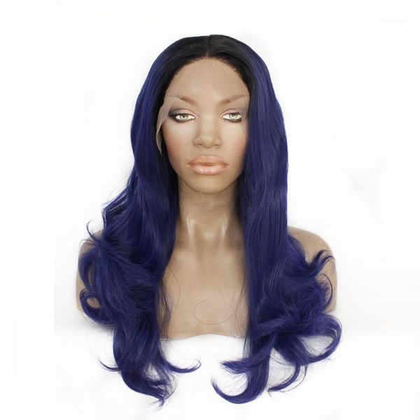 

black ombre blue synthetic lace front wig long wavy hair dark roots natural hairline fiber for women1