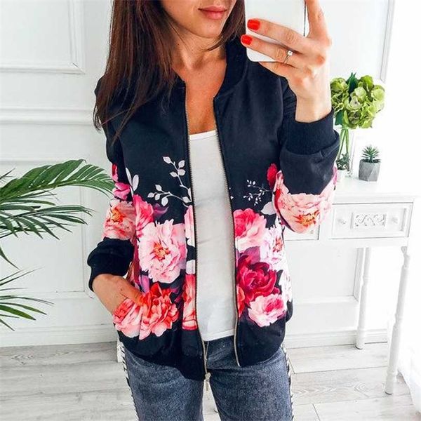 

jacket women floral print basic women's windbreaker zipper up jackets casual coat women's clothing plus size short 211014, Black;brown