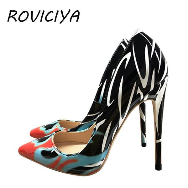

pumps women shoes high heel 12 cm pointed toe printed multi stilettos wedding valentine brand designer qp052 roviciya dress, Black