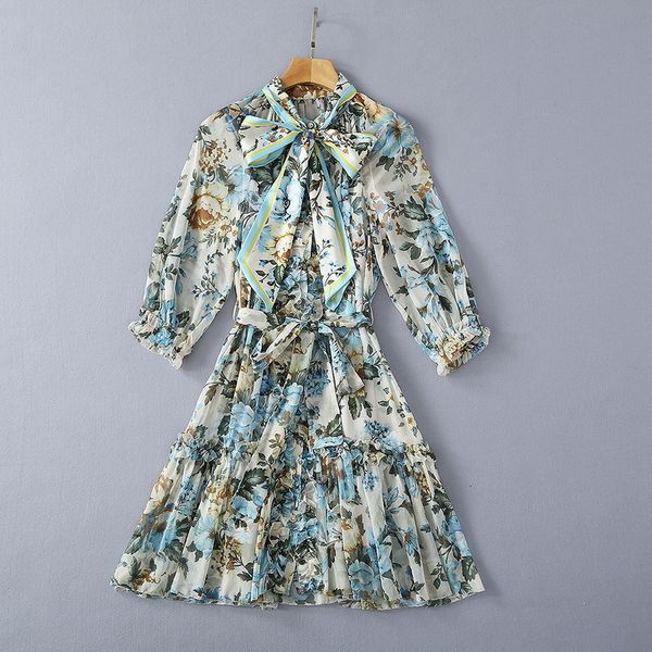

casual dresses european and american women's clothing spring seventh-cent lantern sleeve bow collar floral print lace-up fashion dress, Black;gray