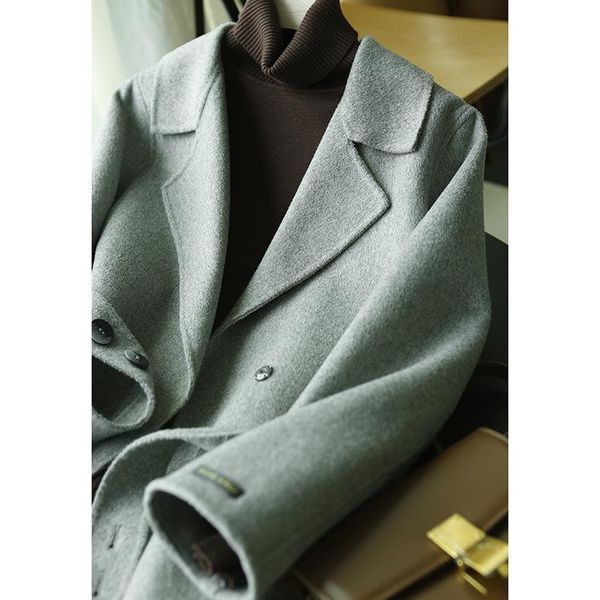 

women's wool & blends hand-sewn suit collar coat women's autumn and winter 2021 double-faced fashion clothing, Black