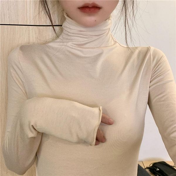 

korean style long sleeve female spring autumn version pullovers high-collar bottom hirt t shirt women casual women's t-shirt, White