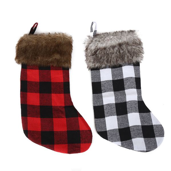 

christmas socks with fur for candy fruit gift ornament fluffy stocking plaid hanging xmas tree home decoration, Pink;yellow