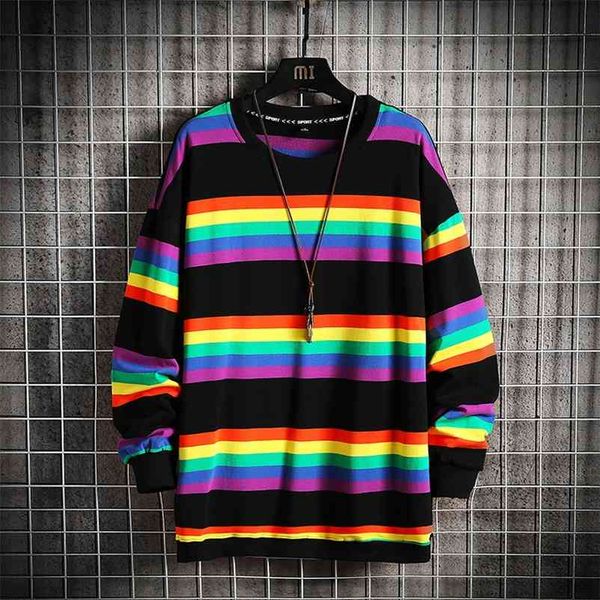 

harajuku style men high street sweatshirt stripe o-neck sweatshirt men spring autumn fashion long sleeve shirt cool 210720, Black