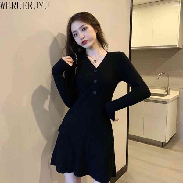 

werueruyu autumn women's v-neck pleated dress high-waist knit slim solid color dress 210608, Black;gray