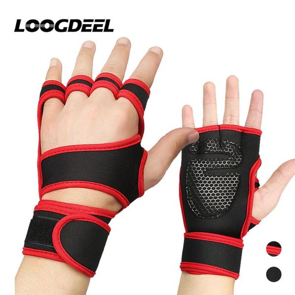 

wrist support loogdeel fitness adjustable gloves hand palm protector with wrap workout power weightlifting, Black;red