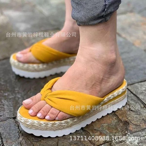

women's shoes 2021 summer beach slippers thick-soled wedges with rope flip flops sandals and, Black