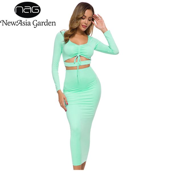 

newasia two piece set women 2 piece outfits autumn long sleeve hollow out crop skirt plus size bodycon matching sets 210413, White