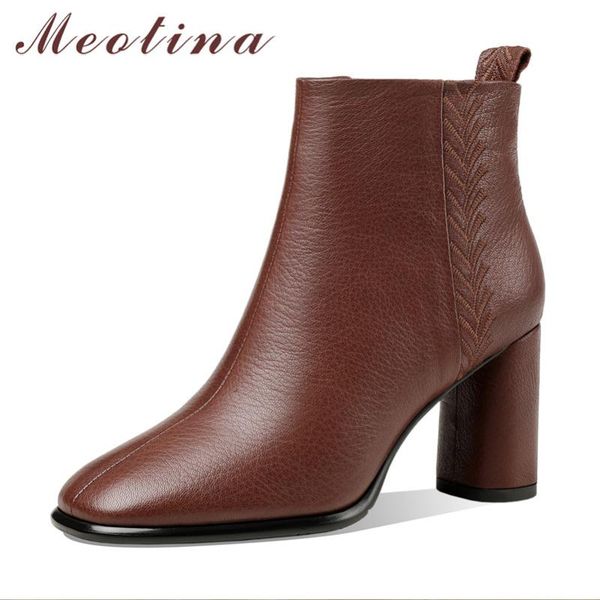 

boots meotina women short shoes round toe chunky heels ankle zipper high heel fashion female winter black brown 41
