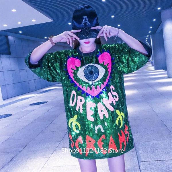 

women's t-shirt european station thailand tide brand harajuku color sequins abstract graffiti street dance hip hop big chic skirt summe, White