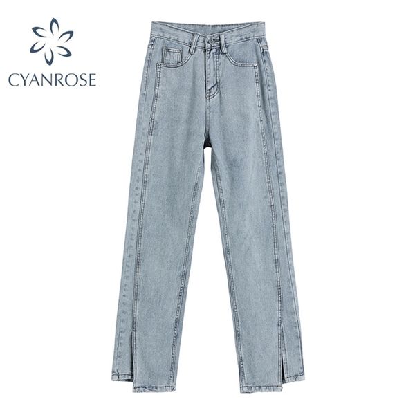 

high waist jeans for women vintage long denim pants female all-match korean style casua solid straight trousers 210927, Blue