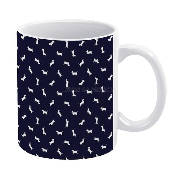 Canecas Dachshund Padrão-Marinho Caneca Branca Vintage UNISEX Size Cães Cães Azuis Navy Navy Doxie Salsicha Wiener Canine