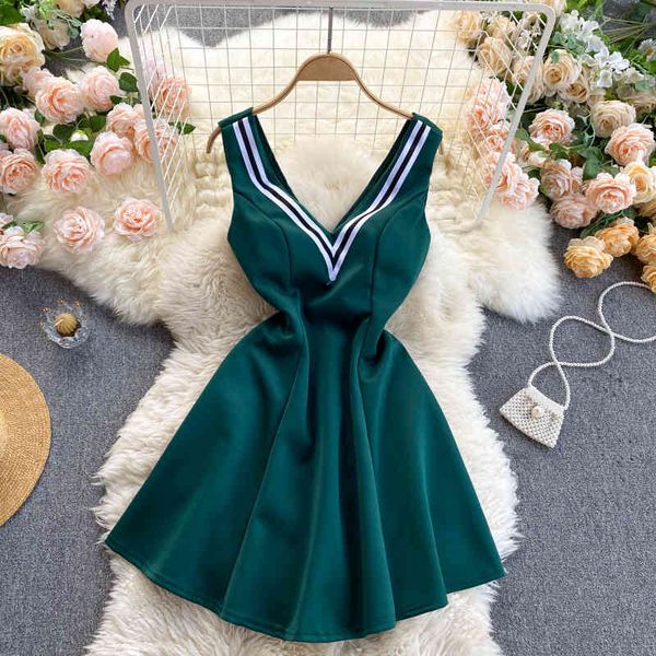 

singreiny women backless mini dress korean v neck sleeveless party dress summer fashion streetwear a-line short dress 210419, Black;gray