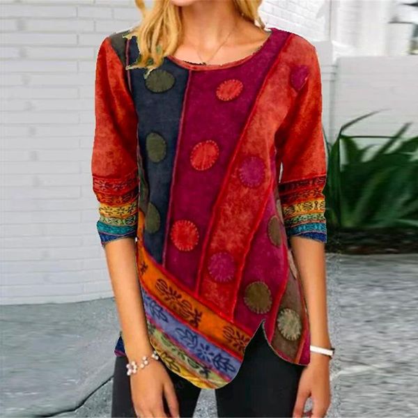 

women's blouses & shirts 5xl retro printed side button irregular shirt 2021 spring elegant o neck patchwork autumn long sleeve women pu, White