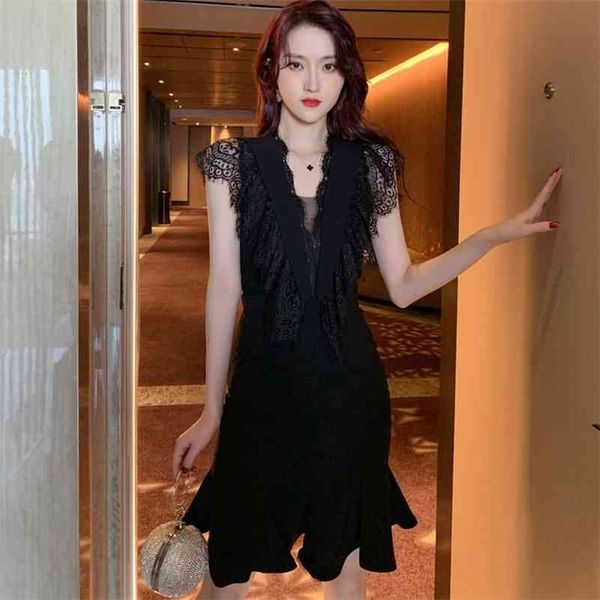 

women's summer ladies temperament lace stitching slim fishtail dress office lady polyester 210416, Black;gray