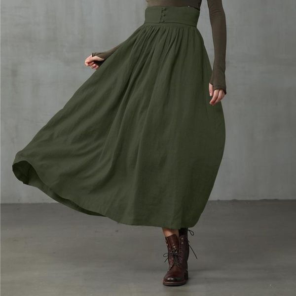 

skirts women vintage spring skirt casual female faldas saia streetwear solid high elastic waist a-line long jupe, Black