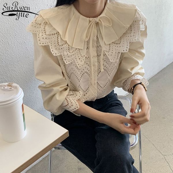 

sweet hollow out lace shirts women embroidery peter pan collar spring and autumn cotton long sleeve women's blouse 12717 210427, White