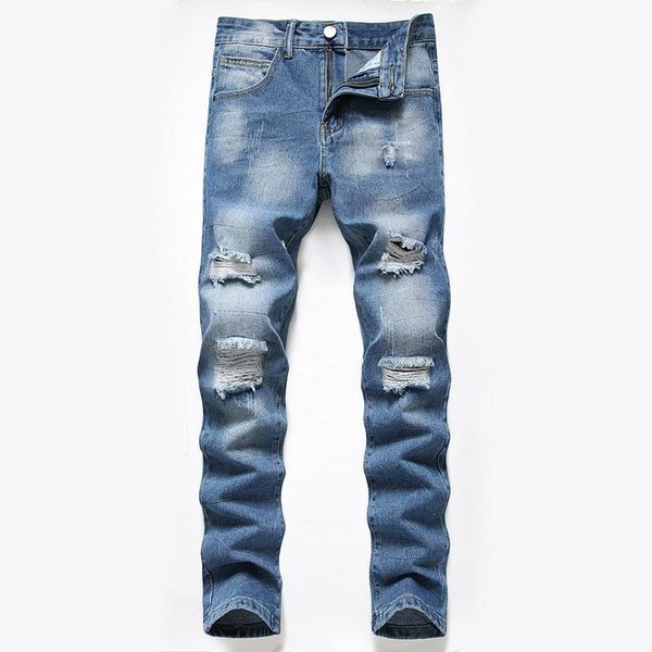 

men's jeans cotton men long denim trousers large size 28-42 fashion damaged cool casual stretch male, Blue