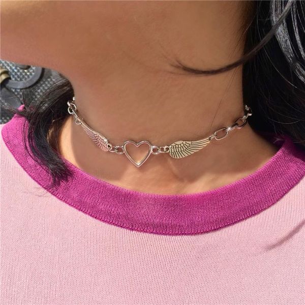 

chokers kpop harajuku aesthetic stainless steel heart wing choker necklaces for women collar goth statement chain necklace jewellery, Golden;silver