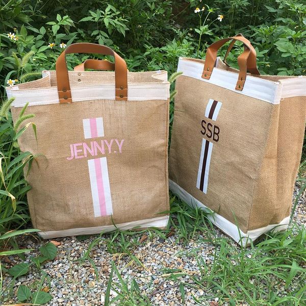 

custom market bag in natural with pink monogrammed beach totes, birthday gift quarantine bag, jute carryall travel bags storage