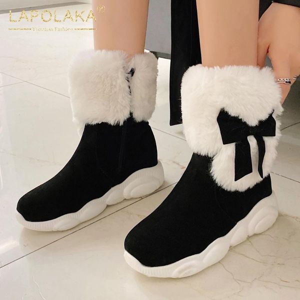 

boots lapolaka 2021 design plus size 46 add fur warm winter women shoes sweet bowtie platform comfortable ankle ladies, Black
