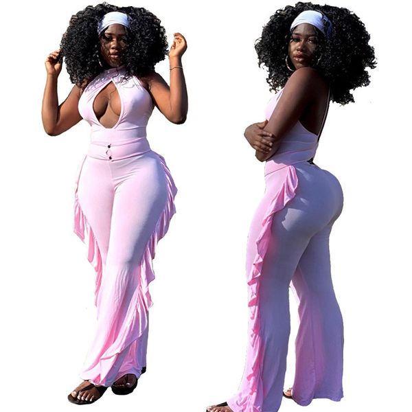 

Halter Neck Backless Full Length Patchwork Pants Bodysuit Natural Color Jumpsuits for Woman Summer Casual Fashion Female Rompers, Pink