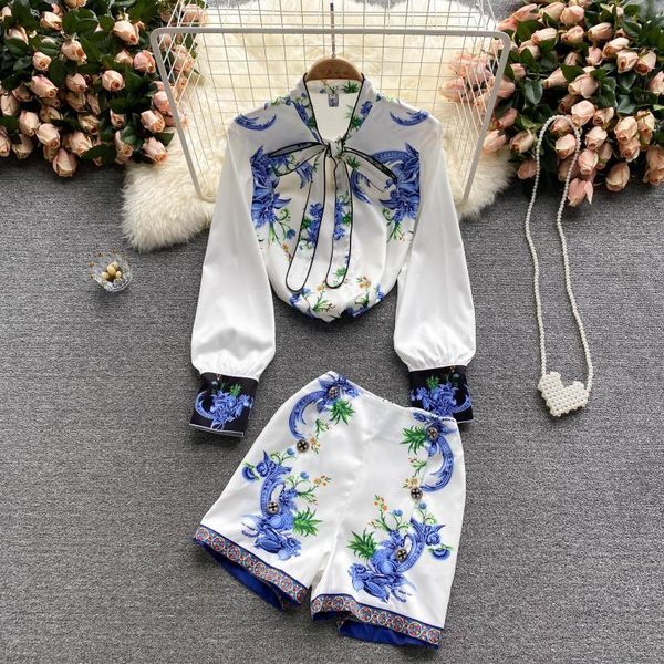 

women's tracksuits women fashion bow neck long sleeve elegant shirts + printed wide-leg shorts two-piece sets t454, Gray