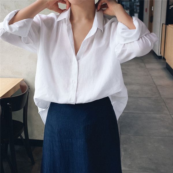 

autumn new solid full shirts loose slim turn down collar blouse women 210421, White