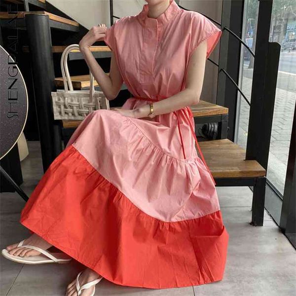 Contraste Patchwork Vestido Mulheres de Verão das Mulheres Collor Lace Up Cintura Solta Balanço Curto Flying Sleeve Vestidos 210427