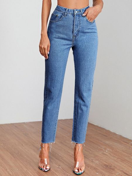 

frayed raw-cut high waisted jeans f9yg#, Blue