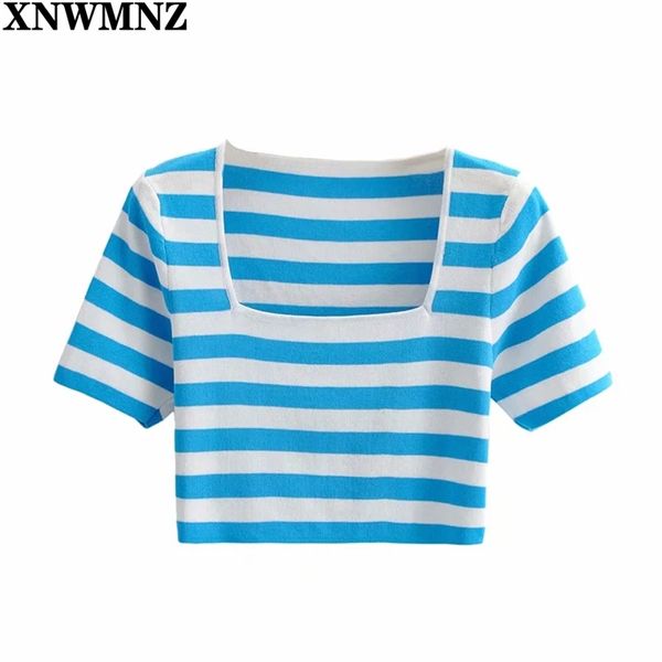 

women fashion striped print short knitted sweater female basic square collar chic pullovers crop slim summer 210520, White;black