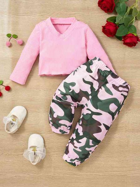 

baby ribbed knit & camo print pants she, White
