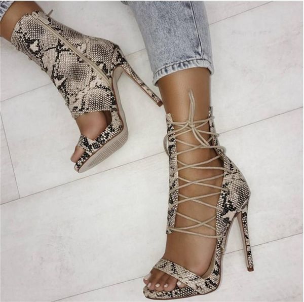 

summer fashion snake leather side lace-up gladiator sandals cut-out thin heel ankle wrap high, Black