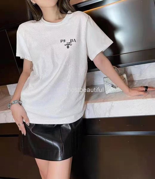 

women's t-shirt ss mermaid woven sequin embroidery heavy industry letter printing loose short sleeve women, White