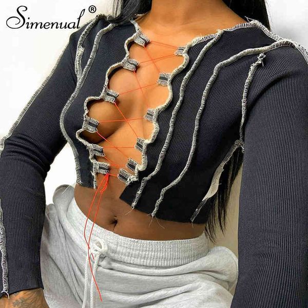 

women's t-shirt simenual patchwork lace up long sleeve crop women ribbed party knitwear hollow out bodycon club tie front t4io, White