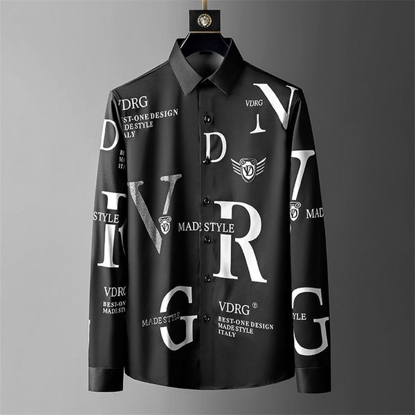 

letter shirts men long sleeve business casual shirt spring slim streetwear dress social nightclub chemise homme 210626, White;black