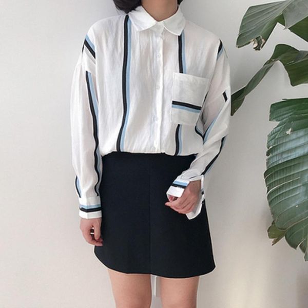 

women's blouses & shirts 2021 harajuku bf wind hit color striped casual loose shirt cardigan female korean kawaii and clothing for wom, White
