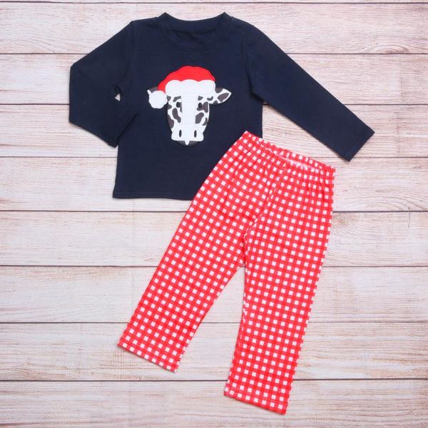 

clothing sets autumn clothes navy blue long sleeve and red plaid trousers christmas cow embroidery pattern boys, White